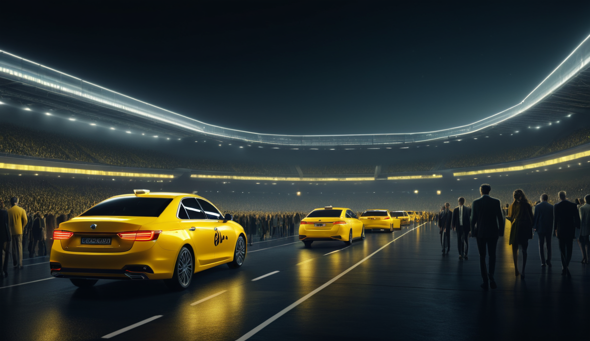 Cinematic yellow taxis outside a packed football stadium at night