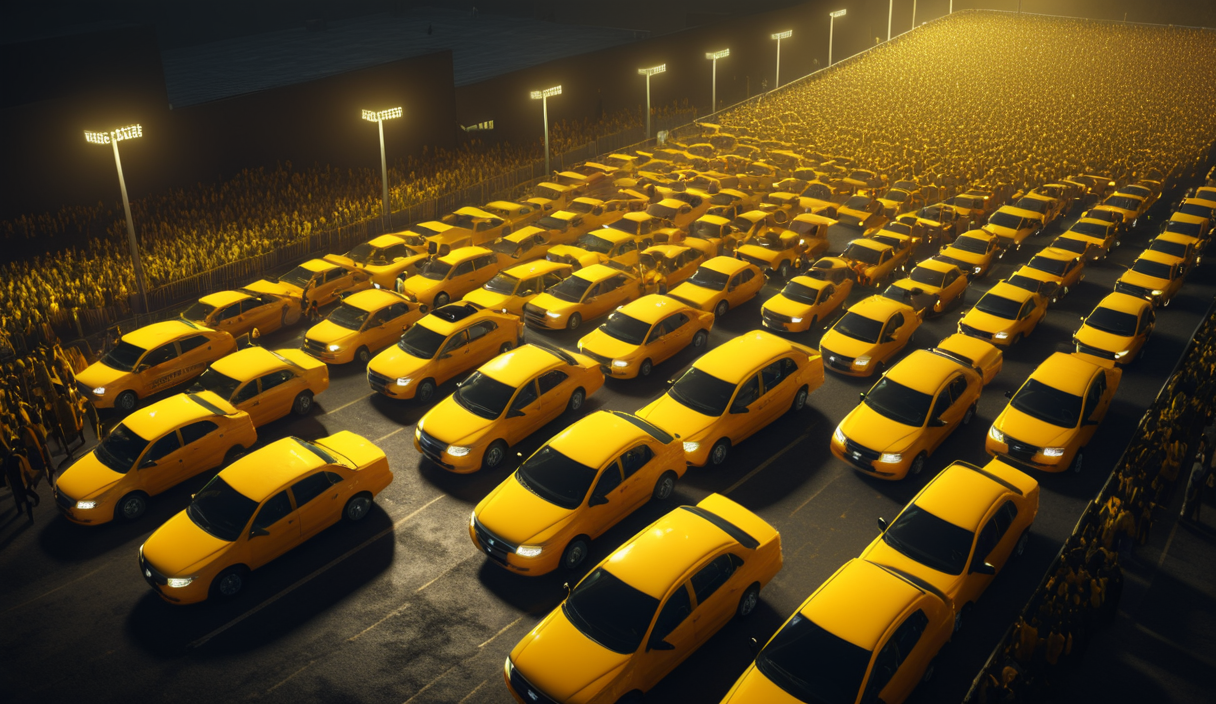 Large queue of yellow taxis and crowds after a football match